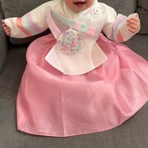 Baby Pink Hanbok Dress with Pastel Striped Sleeves